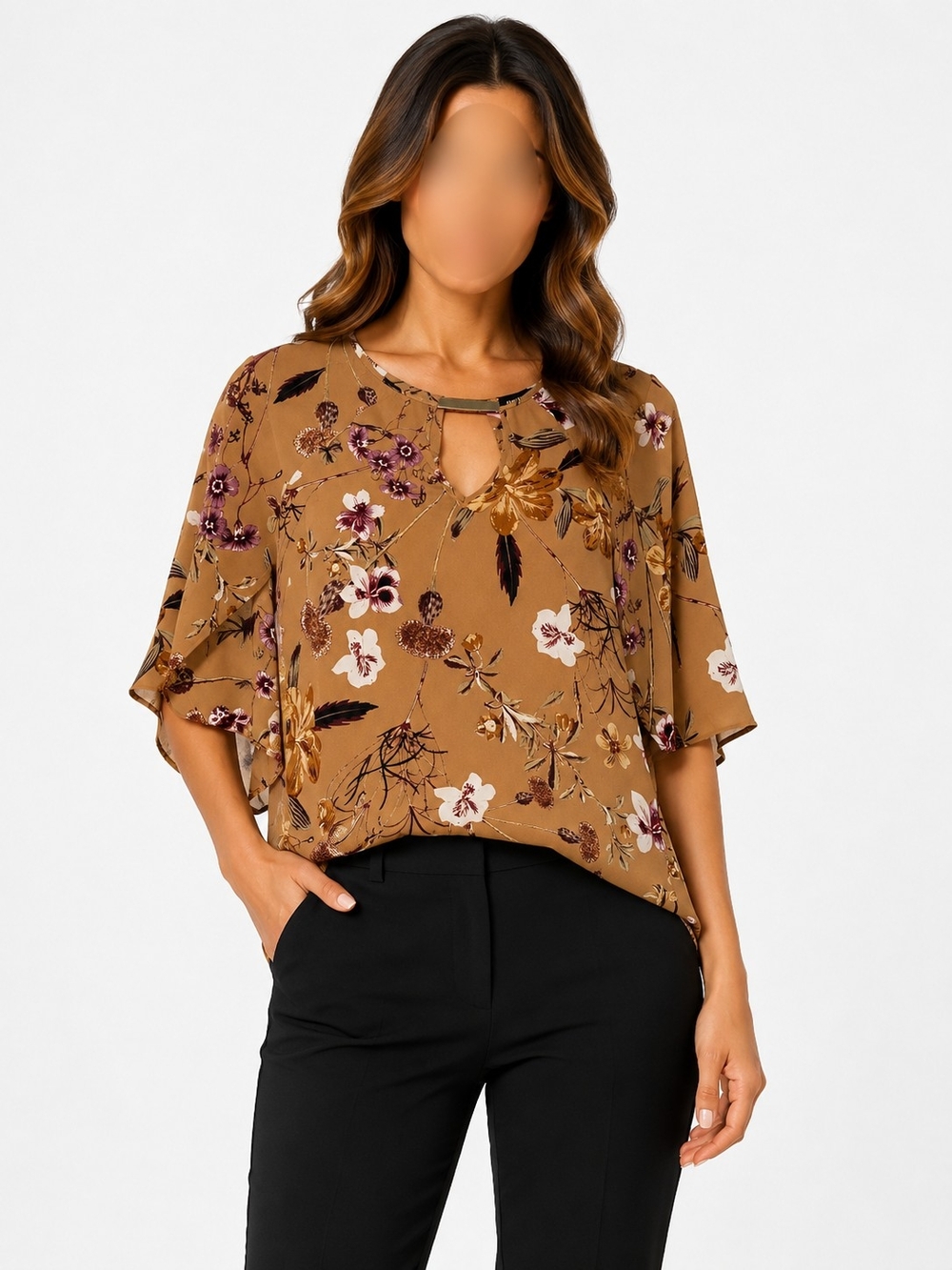 le chateau Brown Floral Keyhole Flutter Sleeve Blouse